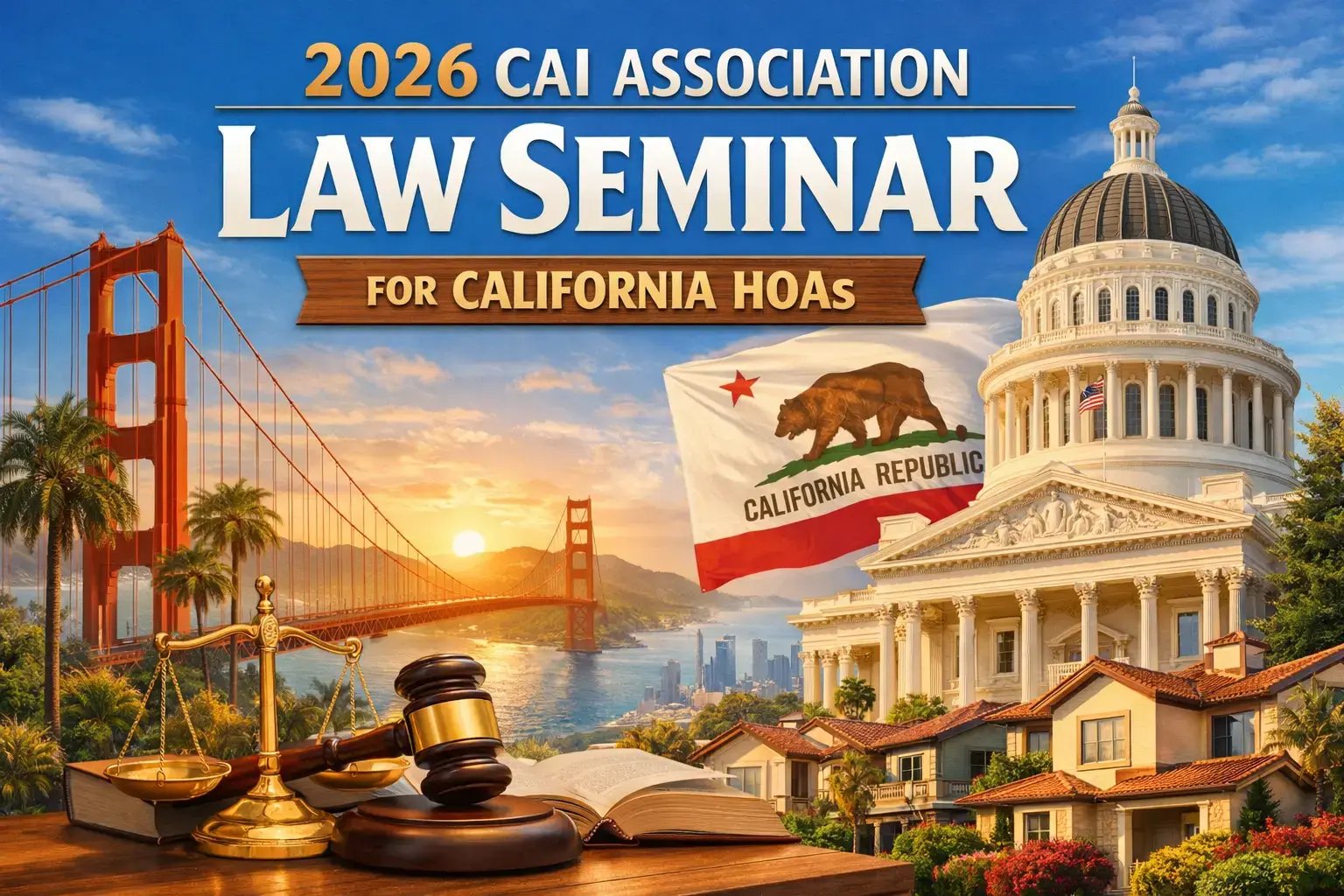 2026 CAI Association Law Seminar graphic for California HOAs with courthouse architecture, legal gavel, and residential community visuals.