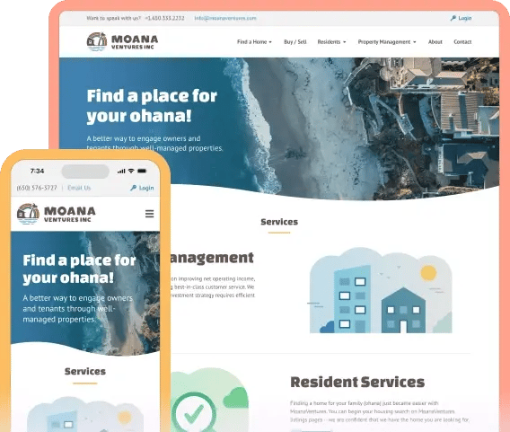ManageCasa property management website template showcasing Moana Ventures’ resident and owner services for well-managed rental communities.