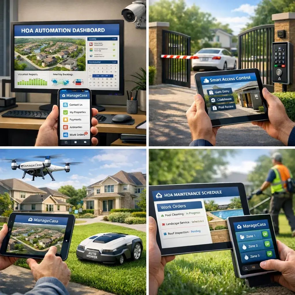 ManageCasa HOA automation software displaying smart access control, maintenance work orders, and community management tools