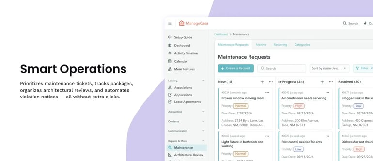 ManageCasa Smart Operations dashboard showing maintenance requests and automated task management for HOA and property managers