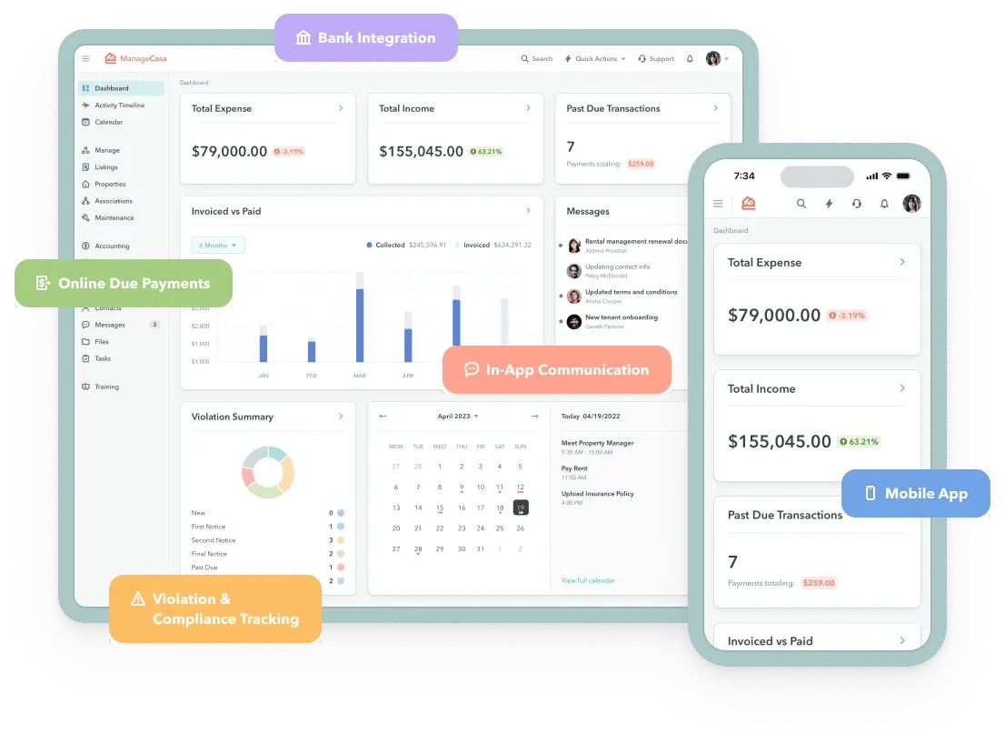 ManageCasa all-in-one property management dashboard highlighting bank integration, online payments, compliance tracking, and mobile app access. ManageCasa all-in-one property management dashboard highlighting bank integration, online payments, compliance tracking, and mobile app access.