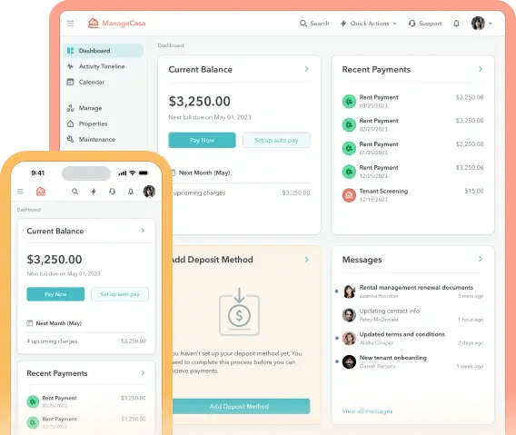 ManageCasa dashboard displaying current balance, recent payments, and rental management messages across desktop and mobile devices. ManageCasa dashboard displaying current balance, recent payments, and rental management messages across desktop and mobile devices.