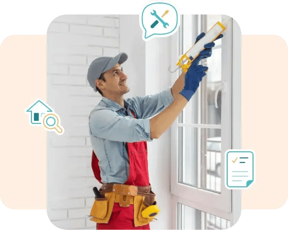 Maintenance worker sealing a window frame with caulk, representing property repair management, inspection, and maintenance tracking tools.