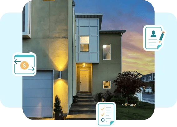 Modern two-story home exterior at sunset with icons for rent payments, tenant applications, and lease management tools for property managers.