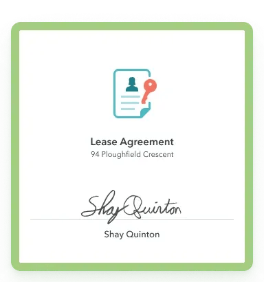 Digital lease agreement for 94 Ploughfield Crescent signed by tenant Shay Quinton using ManageCasa’s online document system.