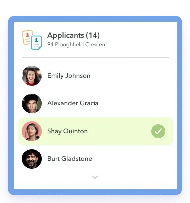 Rental applicants list displayed on ManageCasa, showing multiple candidates with one selected tenant for property at 94 Ploughfield Crescent.