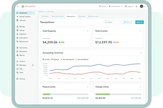 ManageCasa accounting dashboard displaying total income, expenses, and financial summaries to help property managers track transactions efficiently.