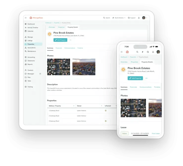 ManageCasa property management dashboard and mobile app showing property details