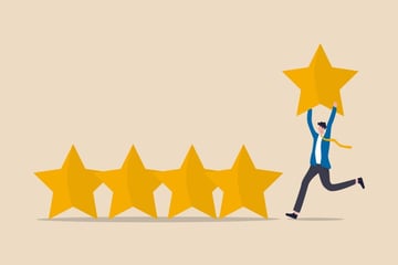 user-experience-customer-feedback-stars-rating-or-business-and-investment-rating-concept-businessman-holding-golden-yellow-star-to-added-to-5-stars-rating-vector