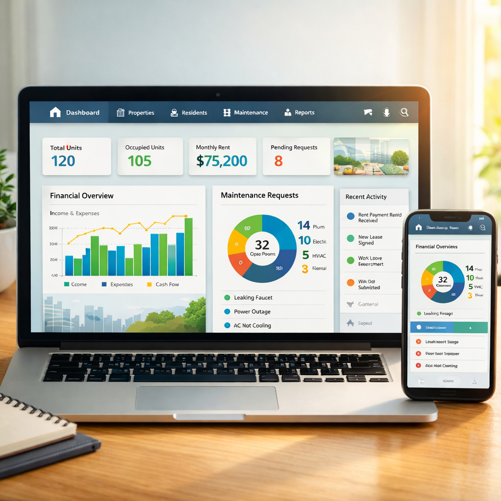 HOA management software dashboard showing financial reports, maintenance requests, and community analytics