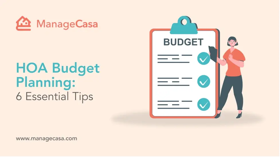 ManageCasa HOA budget planning guide illustration showing checklist and essential financial management tips for community associations.