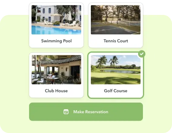 ManageCasa amenity reservation system displaying swimming pool, tennis court, clubhouse, and golf course booking options.