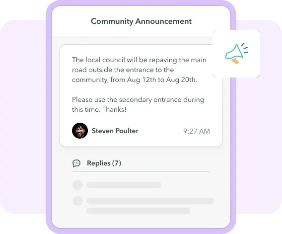 ManageCasa community announcement board showing HOA road repaving update and member replies feature.