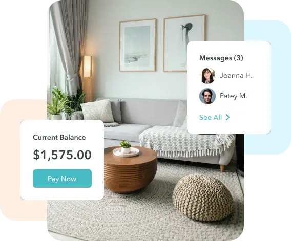 ManageCasa online resident portal showing rent balance, payment button, and tenant messages in a modern apartment setting.