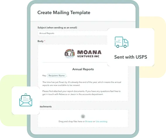 ManageCasa mailing template feature showing an HOA annual report email sent via USPS and digital delivery options.