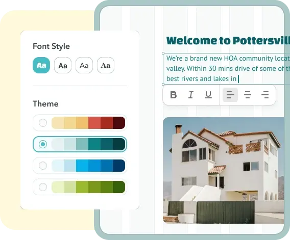ManageCasa HOA website builder interface with font and color customization options for creating community web pages easily.