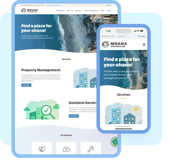 ManageCasa property management website design for Moana Ventures showing responsive layouts for desktop and mobile users.