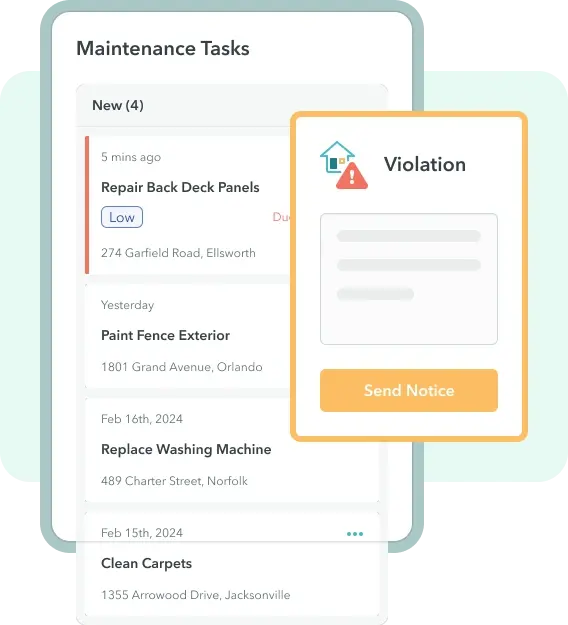 ManageCasa compliance dashboard showing maintenance task tracking and automated HOA violation notice for community management. ManageCasa compliance dashboard showing maintenance task tracking and automated HOA violation notice for community management.
