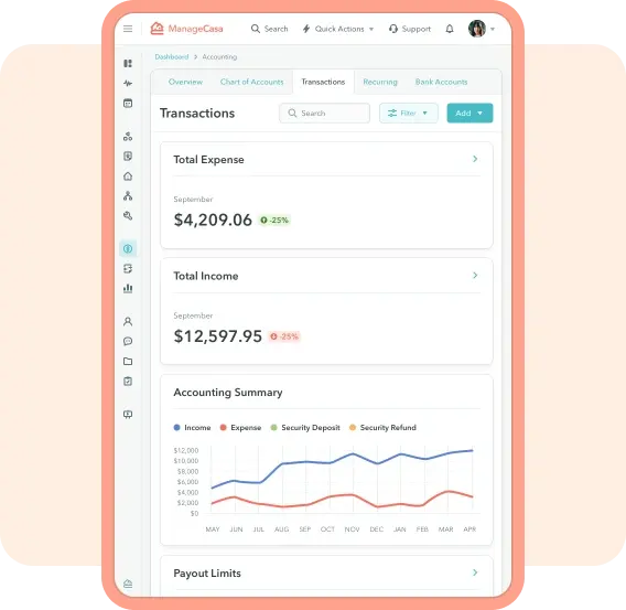 ManageCasa accounting dashboard showing income, expense, and transaction summary for property and HOA financial management. ManageCasa accounting dashboard showing income, expense, and transaction summary for property and HOA financial management.