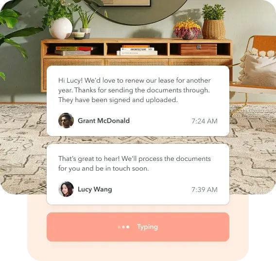 ManageCasa communication feature showing property manager and tenant chat about lease renewal and document processing. ManageCasa communication feature showing property manager and tenant chat about lease renewal and document processing.