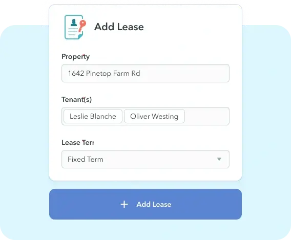 ManageCasa add lease form showing property address, tenant names, and lease term setup for easy rental agreement creation. ManageCasa add lease form showing property address, tenant names, and lease term setup for easy rental agreement creation.