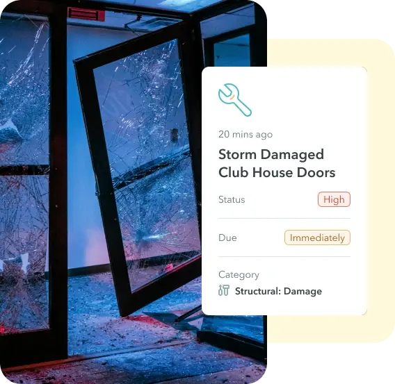 ManageCasa maintenance dashboard showing storm-damaged clubhouse doors marked as high-priority structural repair task. ManageCasa maintenance dashboard showing storm-damaged clubhouse doors marked as high-priority structural repair task.