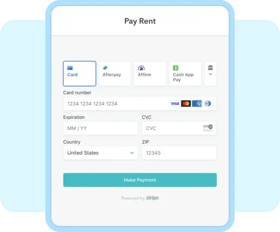 ManageCasa pay rent screen showing online payment options including card, Afterpay, Affirm, and Cash App Pay powered by Stripe.