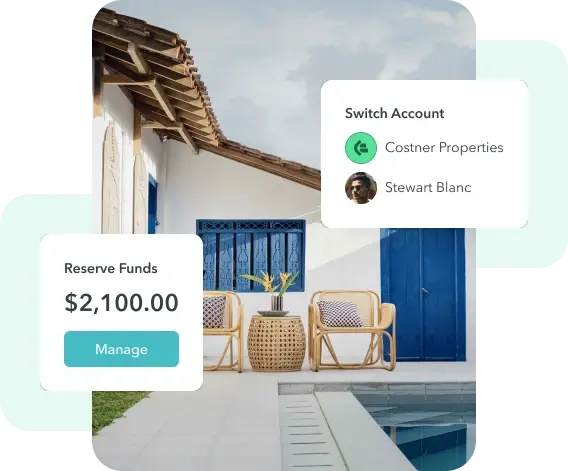 ManageCasa property management interface showing reserve funds balance and account switching options beside a modern rental property exterior.