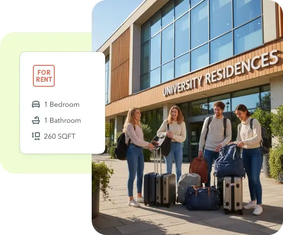 College students with luggage standing outside university residences, viewing student housing for rent through ManageCasa’s property listing platform. College students with luggage standing outside university residences, viewing student housing for rent through ManageCasa’s property listing platform.
