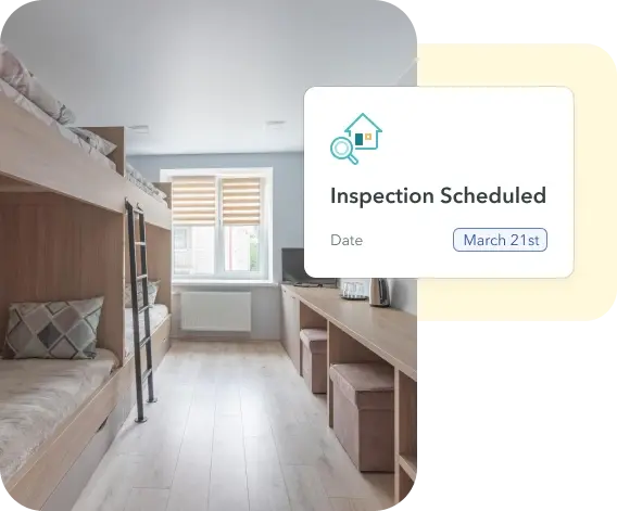 Modern student housing room with bunk beds and study desks showing an inspection scheduled notice in ManageCasa’s maintenance dashboard. Modern student housing room with bunk beds and study desks showing an inspection scheduled notice in ManageCasa’s maintenance dashboard.