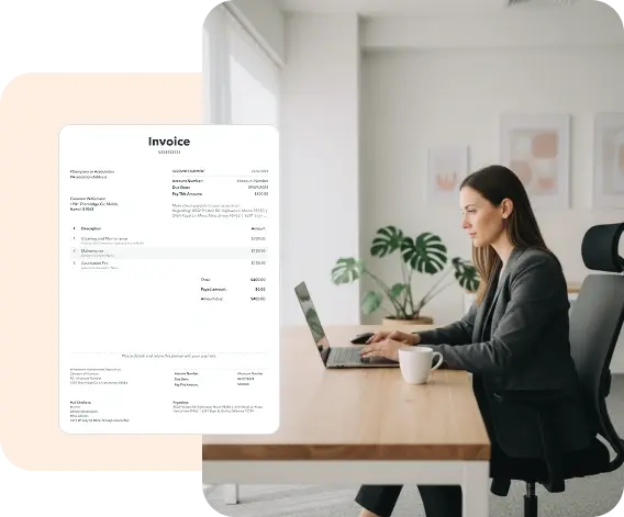 Businesswoman reviewing an online invoice on her laptop using ManageCasa’s accounting software to simplify property management finances. Businesswoman reviewing an online invoice on her laptop using ManageCasa’s accounting software to simplify property management finances.