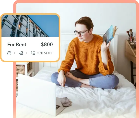 Woman browsing property listings online from home with ManageCasa, reviewing rental options and apartment pricing for an $800 listing. Woman browsing property listings online from home with ManageCasa, reviewing rental options and apartment pricing for an $800 listing.