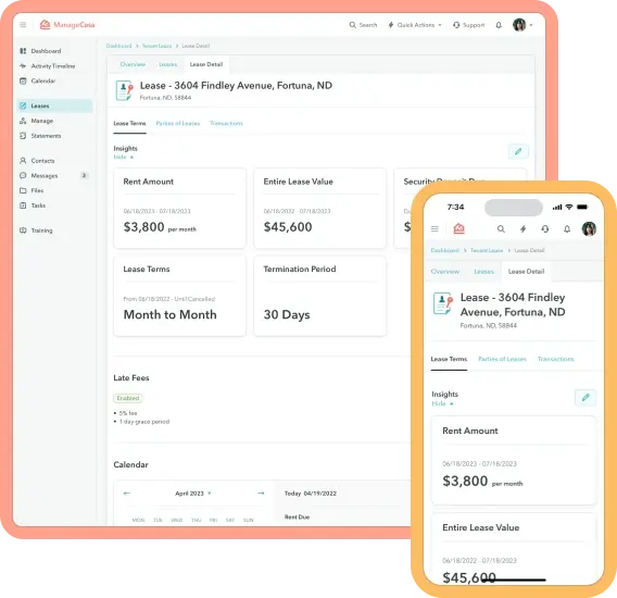 ManageCasa lease management dashboard displaying rental terms, payment details, and lease duration for property managers and tenants. ManageCasa lease management dashboard displaying rental terms, payment details, and lease duration for property managers and tenants.