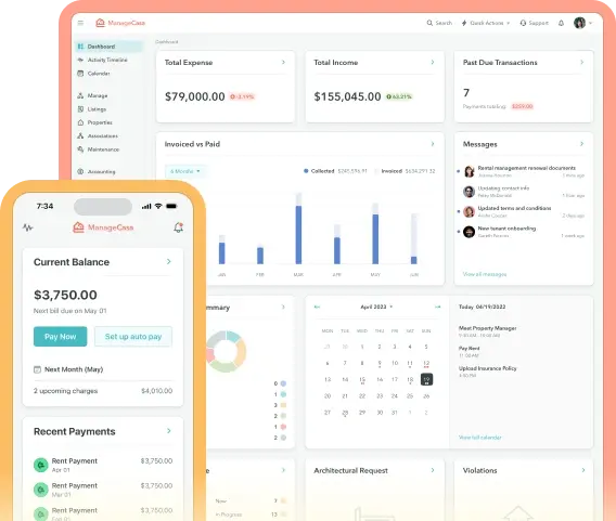 ManageCasa property management dashboard showing income, expenses, rent payments, and mobile app balance summary. ManageCasa property management dashboard showing income, expenses, rent payments, and mobile app balance summary.