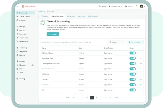 Screenshot of ManageCasa accounting dashboard displaying chart of accounts, income and expense categories, and financial management tools. Screenshot of ManageCasa accounting dashboard displaying chart of accounts, income and expense categories, and financial management tools.