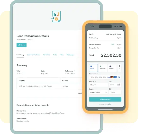 Screenshot of ManageCasa’s rent payment interface showing digital transaction details and online payment options via Stripe integration. Screenshot of ManageCasa’s rent payment interface showing digital transaction details and online payment options via Stripe integration.