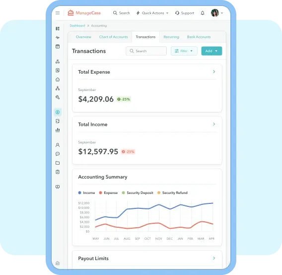 ManageCasa accounting dashboard showing income, expenses, and transaction summary chart for property and HOA financial tracking. ManageCasa accounting dashboard showing income, expenses, and transaction summary chart for property and HOA financial tracking.