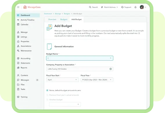 Screenshot of ManageCasa budgeting dashboard for creating and tracking property or HOA budgets with fiscal year and account setup options. Screenshot of ManageCasa budgeting dashboard for creating and tracking property or HOA budgets with fiscal year and account setup options.