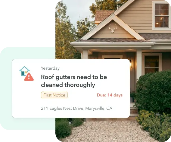Property maintenance notice on ManageCasa platform showing roof gutter cleaning alert for a home in Marysville, CA with due date and first notice. Property maintenance notice on ManageCasa platform showing roof gutter cleaning alert for a home in Marysville, CA with due date and first notice.