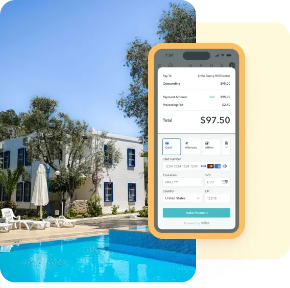 ManageCasa mobile payment screen for HOA dues beside a community pool, showing secure online rent and fee payment via Stripe. ManageCasa mobile payment screen for HOA dues beside a community pool, showing secure online rent and fee payment via Stripe.