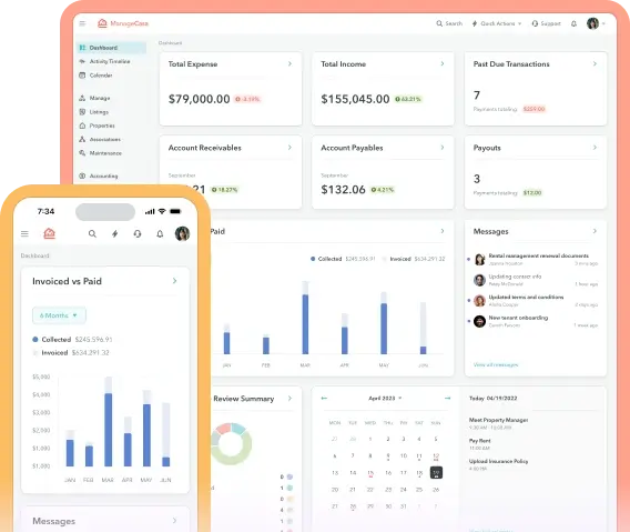 ManageCasa property management dashboard showing income, expenses, messages, and charts for HOA and rental management overview. ManageCasa property management dashboard showing income, expenses, messages, and charts for HOA and rental management overview.