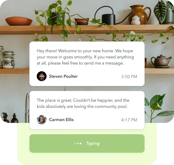 ManageCasa in-app chat feature showing landlord and tenant conversation about moving in and enjoying community amenities. ManageCasa in-app chat feature showing landlord and tenant conversation about moving in and enjoying community amenities.