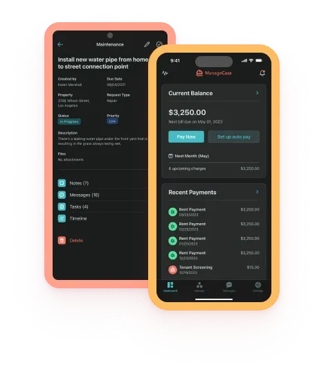 ManageCasa mobile app dark mode interface showing maintenance requests, rent payments, and property management dashboard on smartphones.