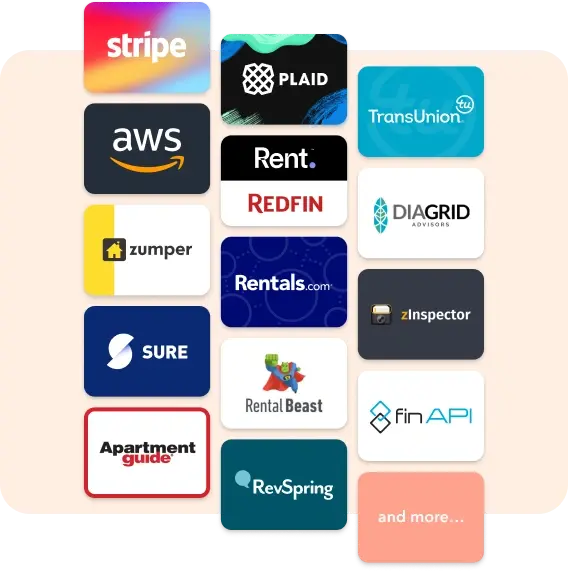 Logos of ManageCasa integrations including Stripe, AWS, TransUnion, Plaid, Redfin, Zumper, Rentals.com, zInspector, and other property management partners. Logos of ManageCasa integrations including Stripe, AWS, TransUnion, Plaid, Redfin, Zumper, Rentals.com, zInspector, and other property management partners.
