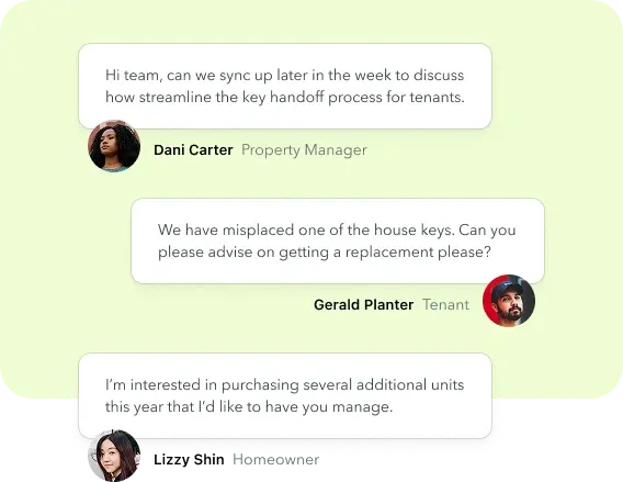 ManageCasa in-app chat showing messages between property managers, tenants, and owners discussing key handoffs, repairs, and property updates. ManageCasa in-app chat showing messages between property managers, tenants, and owners discussing key handoffs, repairs, and property updates.
