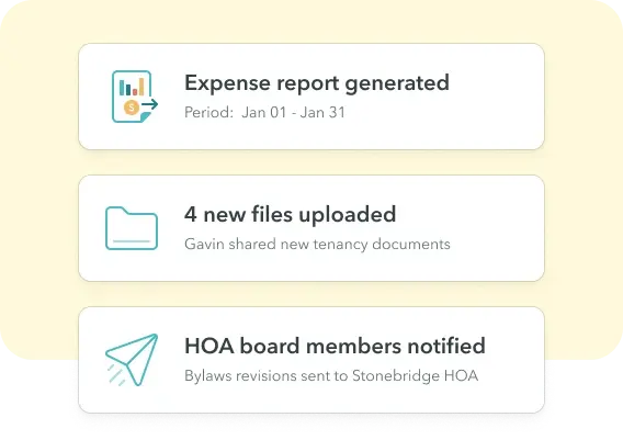 ManageCasa notification panel showing expense report generation, new file uploads, and HOA board member updates for community management. ManageCasa notification panel showing expense report generation, new file uploads, and HOA board member updates for community management.