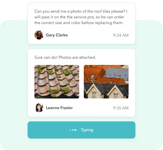 ManageCasa in-app messaging feature showing landlord and tenant communication with shared roof photos for maintenance coordination.