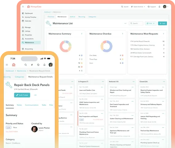 ManageCasa dashboard and mobile app showing property accounting, income, expense tracking, and analytics for HOA and rental management.