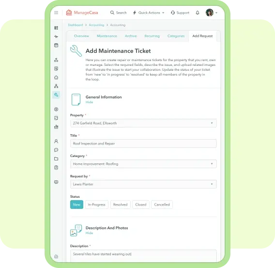 ManageCasa maintenance request dashboard showing how property managers create, track, and resolve repair tickets for rental and HOA properties.