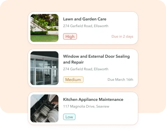 ManageCasa task management dashboard showing property maintenance priorities for lawn care, window repairs, and appliance upkeep.